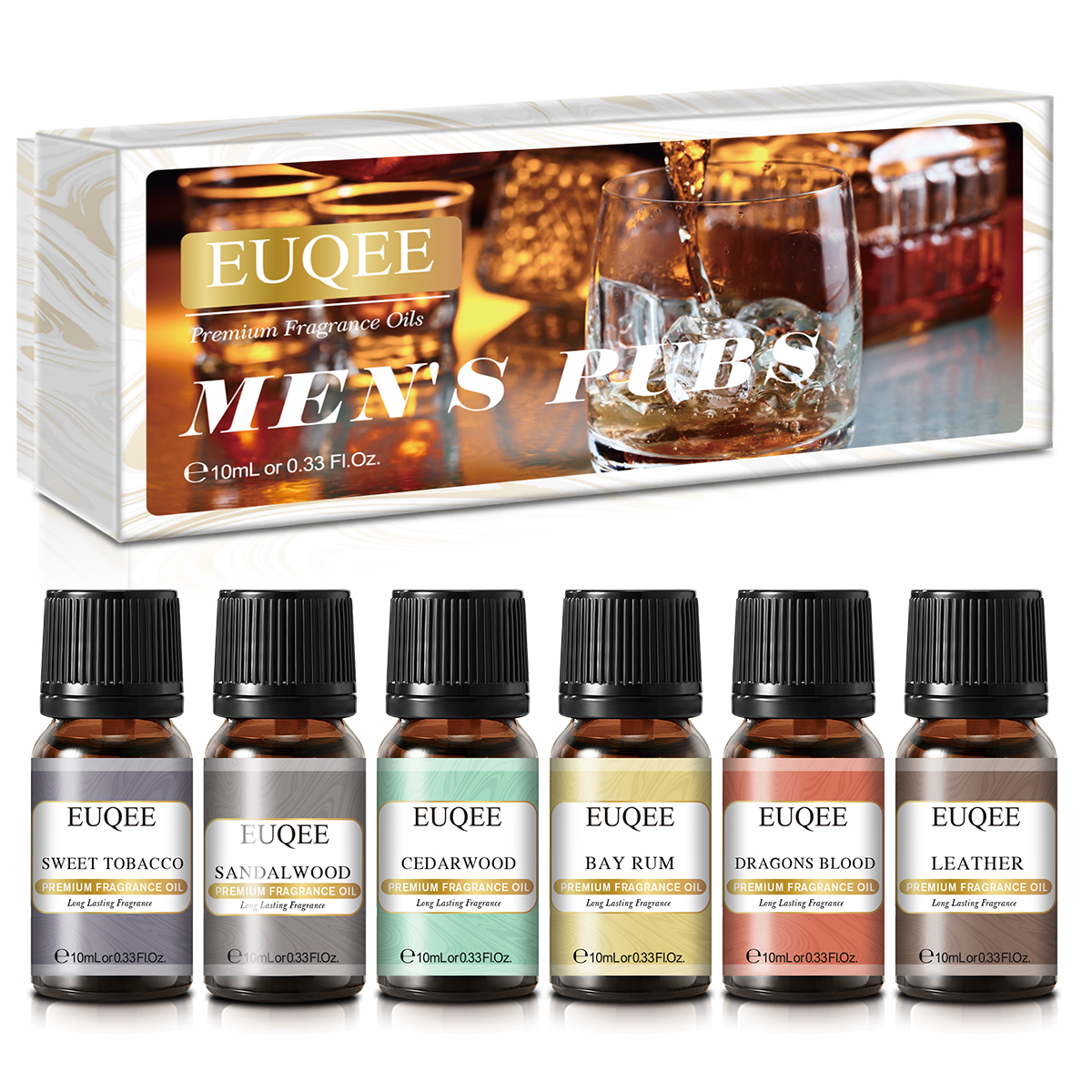 EUQEE 6PCS Essential Oils for Men, Men's Pubs Gift Set Premium Grade Fragrance  Oils -Leather, Sweet Tobacco, Dragons Blood, Sandalwood, Bay Rum, Cedarwood  (10ml) 